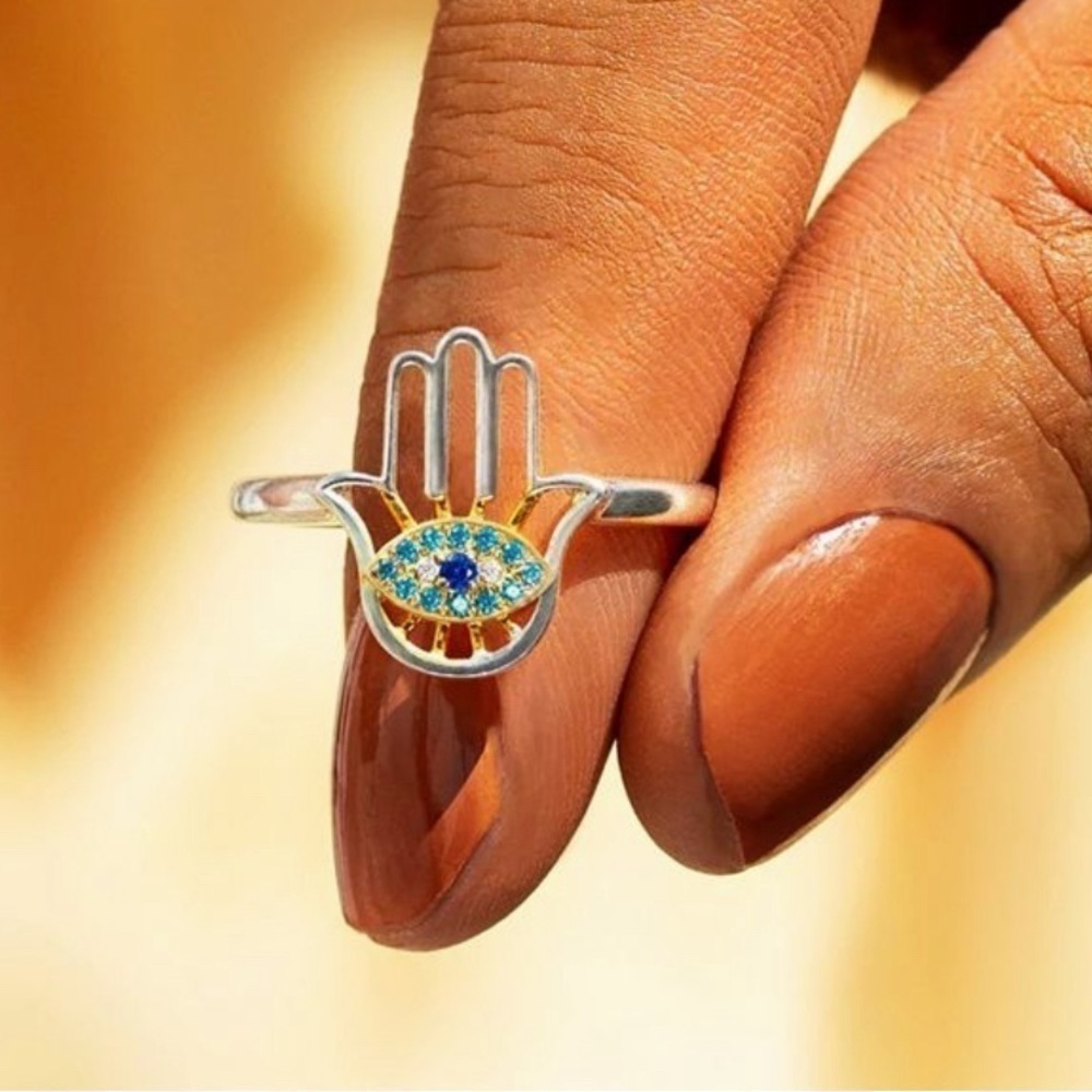 Sterling Silver Palm Evil Eye Ring Size 8 YOU'RE ALWAYS PROTECTED HAMSA - Picture 3 of 3